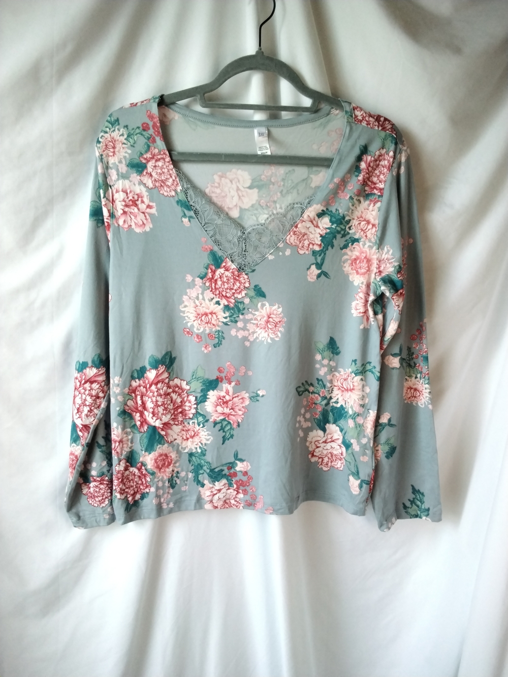 Flora Nikrooz Dusty Blue Floral Lace-Trim Long Sleeve Top